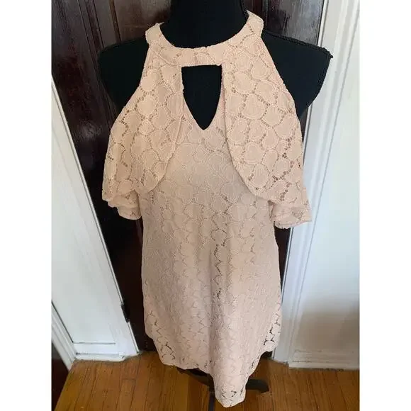 Candies Heart Lace Light Pink Cold Shoulder Peak a Boo Sleeve Dress Sz Small - Picture 5 of 8